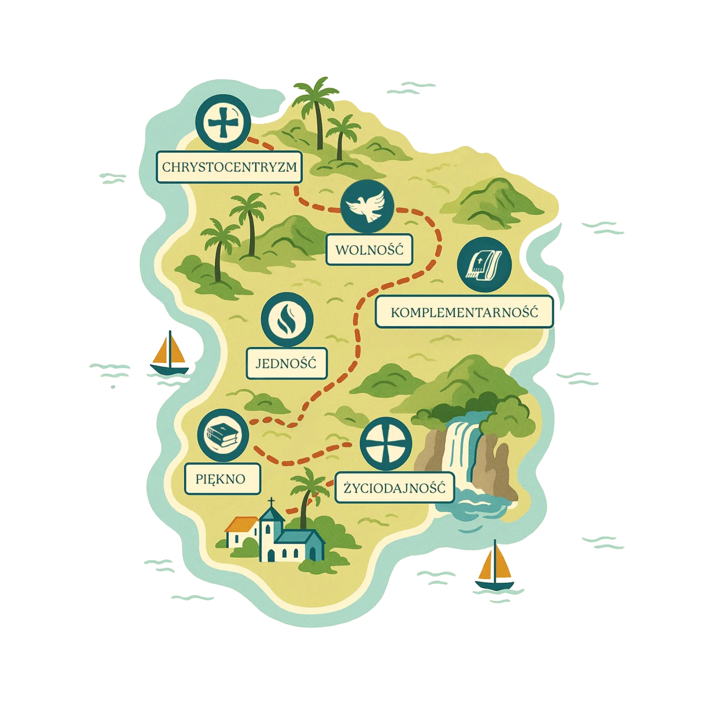 Ilustrowana mapa wyspy z sześcioma zasadami Misterogrande